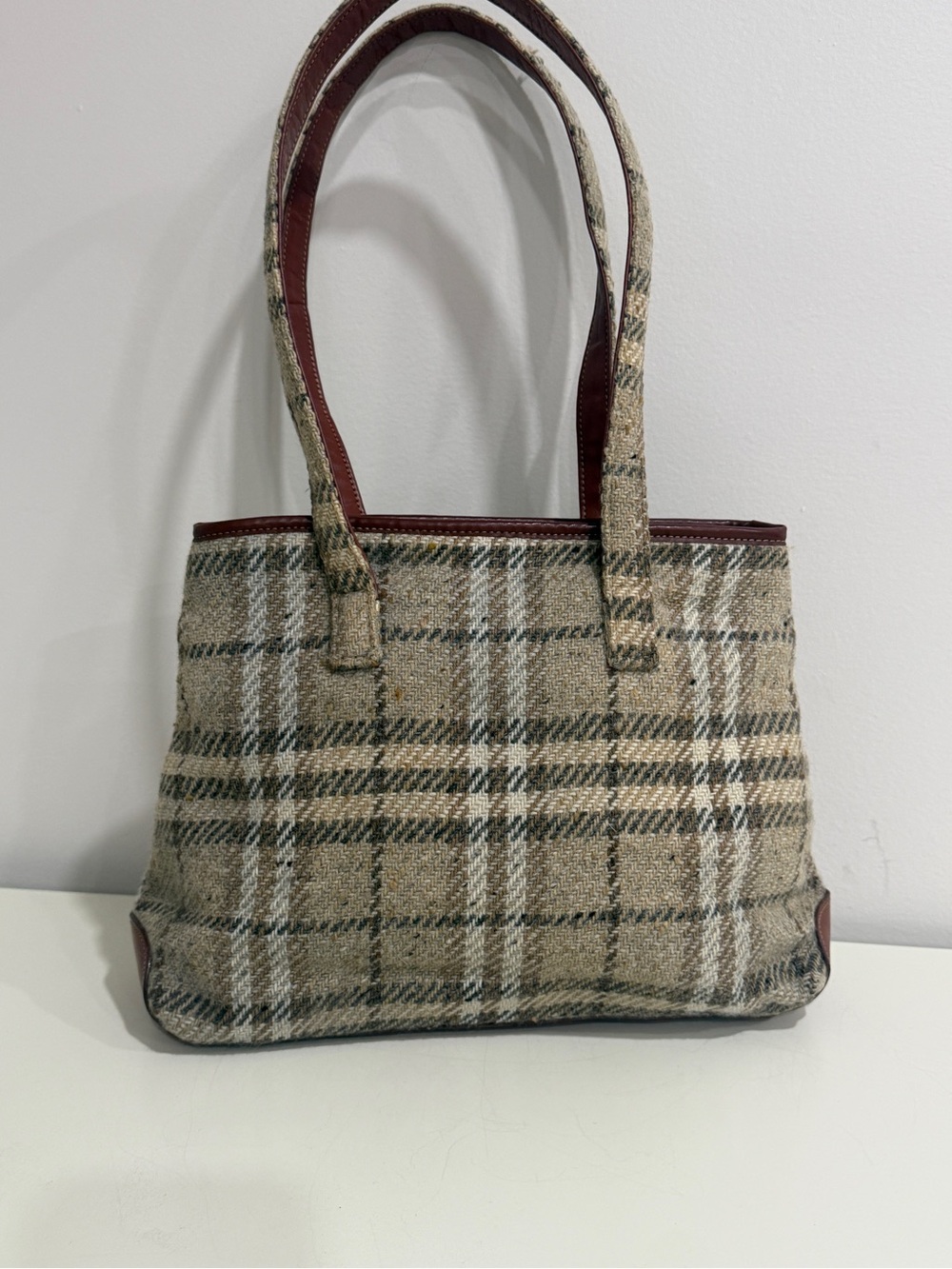 Burberry Plaid Tweed Tote Bag with Brown Trim - Picture 2 of 14
